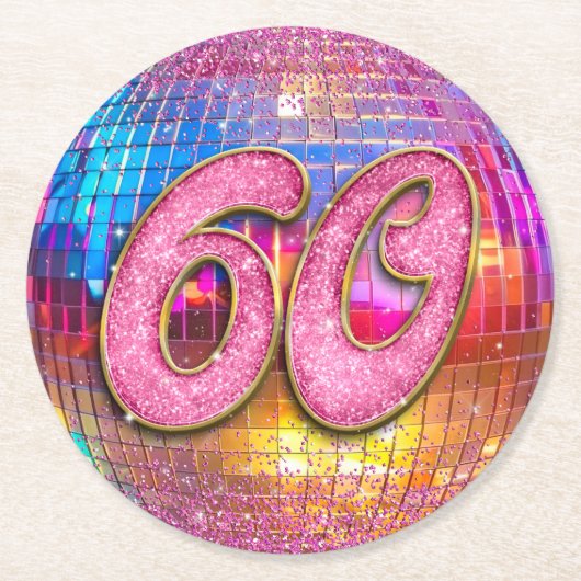 60thバースデーパーティー金ゴールドピンクグリッターディスコボール ラウンドペーパーコースター (正面)