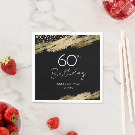 60thバースデーパーティー金ゴールドブラック招待状 スタンダードカクテルナプキン (インサイチュ)