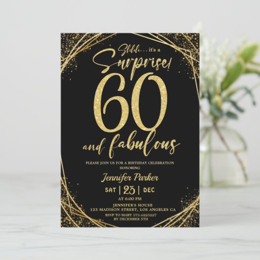 60thバースデーパーティー60素晴らしいブラック金ゴールドグリッター 招待状 (スタンド正面)