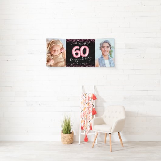 60thブラックピンクハッピーバースデーフォトバナー 横断幕 (インサイチュ)