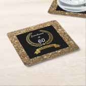 60thブラック金ゴールドグリッターエレガントバースデーパーティー スクエアペーパーコースター (アングル)