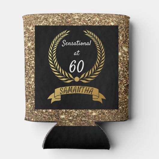 60thブラック金ゴールドグリッターエレガントバースデーパーティー 缶クーラー (裏面)