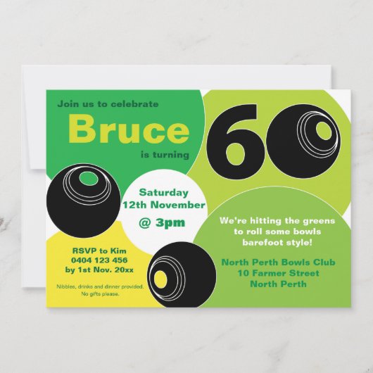 60thローンボウルズはだしのボーリング誕生日 招待状 (正面)