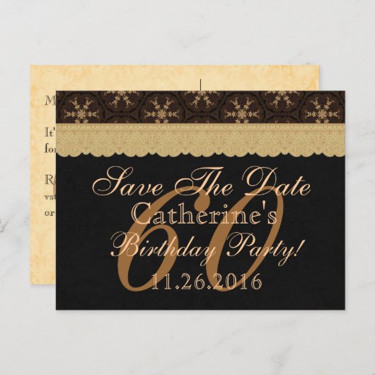 60th日付の保存誕生日淡い色の金ゴールドレースブラック2 案内ポストカード (正面/裏面)