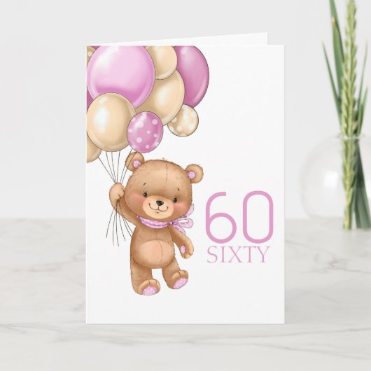 60th誕生日かわいいピンクのバルーン女の子テディカード カード (正面)