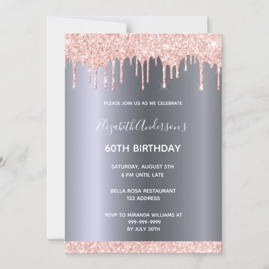 60th誕生日のシルバーピンクの招待 マグネット招待状 (正面)
