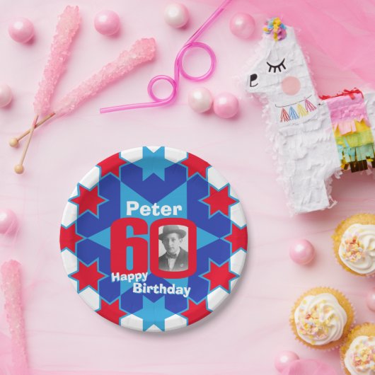 60th誕生日の写真名blue star紙プレート ペーパープレート (パーティー)