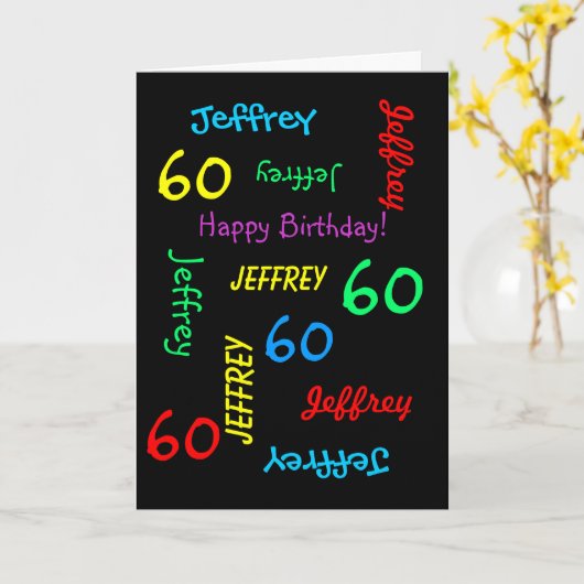 60th誕生日カード任意の名前,黒,カスタム カード (黄色い花)
