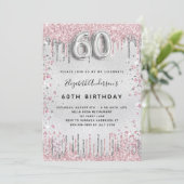 60th誕生日シルバーピンクのグリッタードリップグラマラス 招待状 (スタンド正面)