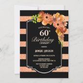 60th誕生日ストライプのコーラルフローラディナーパーティー 招待状 (正面)