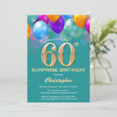 60th誕生日ティール(緑がかった色)と金ゴールドバルーン 招待状 (スタンド正面)