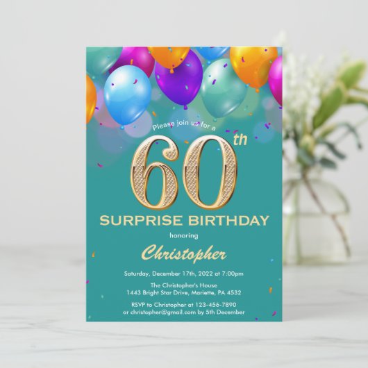 60th誕生日ティール(緑がかった色)と金ゴールドバルーン 招待状 (スタンド正面)