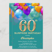 60th誕生日ティール(緑がかった色)と金ゴールドバルーン 招待状 (正面/裏面)