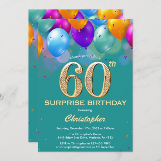 60th誕生日ティール（緑がかった色）と金ゴールドバルーン 招待状 (正面/裏面)