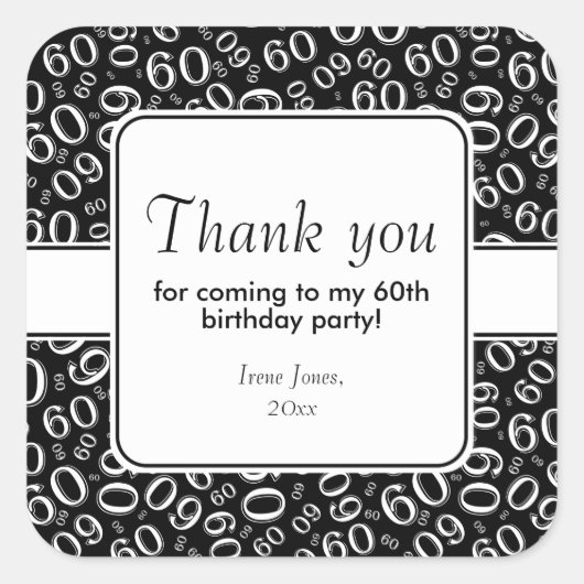 60th誕生日ナンバーパターンブラック/ホワイト スクエアシール (正面)
