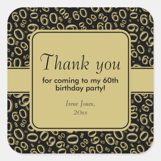 60th誕生日ナンバーパターンブラック/金ゴールド スクエアシール (正面)