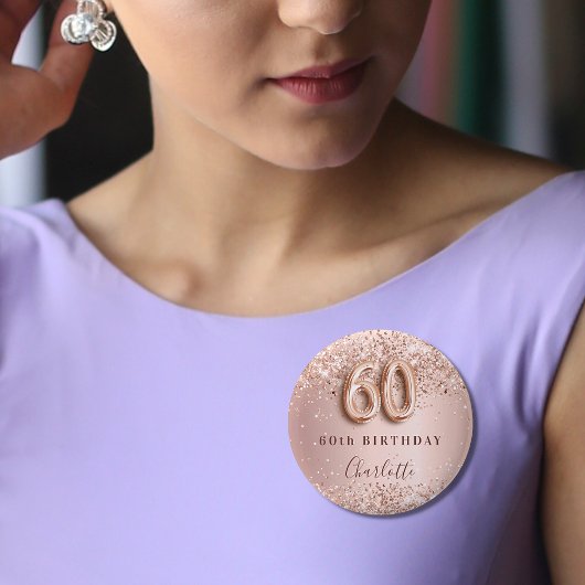 60th誕生日バラ金ゴールド赤面グリッター名タグ 缶バッジ
