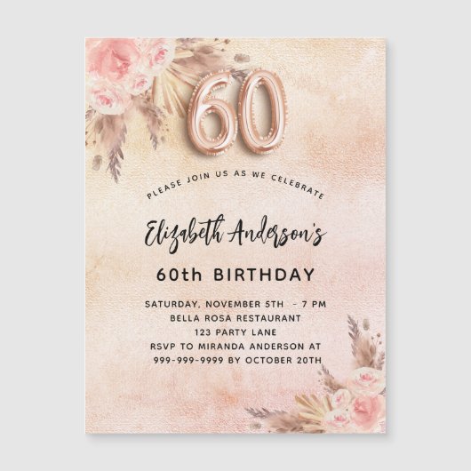 60th誕生日パンパスグラスバラ花模様贅沢 マグネット招待状 (正面)