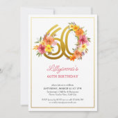 60th誕生日パーティかわいらしフローラ金ゴールド番号60 招待状 (正面)