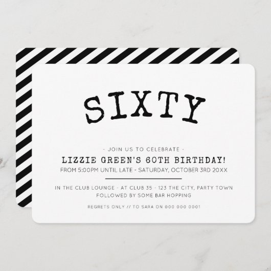 60th誕生日パーティシンプルーモダンブミニマルラック 招待状 (正面/裏面)