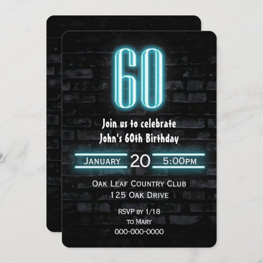 60th誕生日パーティネオンサインオンブリック 招待状 (正面/裏面)