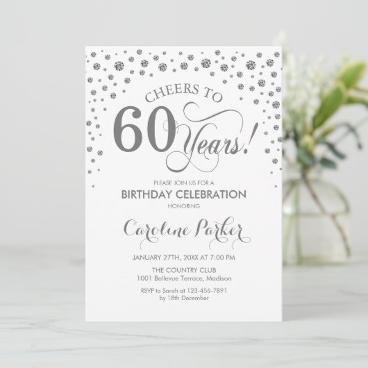 60th誕生日パーティーの招待状 – Silver White 招待状 (スタンド正面)