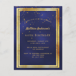 60th誕生日パーティーの青い金ゴールド光沢のある招待 ポストカード