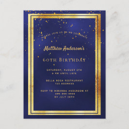 60th誕生日パーティーの青い金ゴールド光沢のある招待 ポストカード