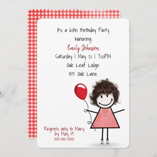 60th誕生日パーティーガールwithレッドバルーン 招待状 (正面/裏面)