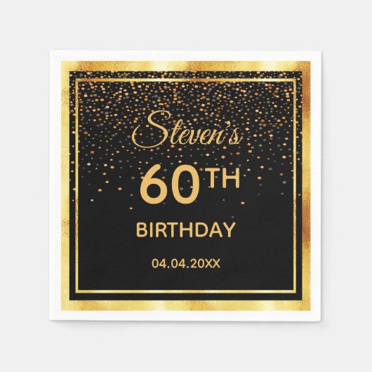60th誕生日パーティークラシックブラック金ゴールド紙吹雪 スタンダードカクテルナプキン (正面)