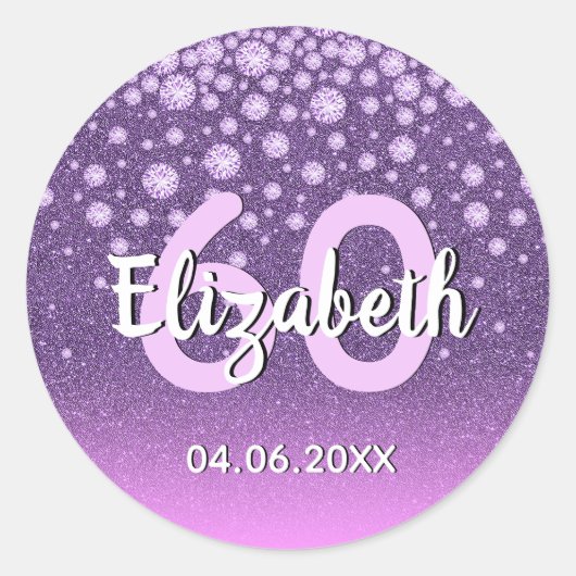 60th誕生日パーティーダイヤモンドグリッターパープルピンク ラウンドシール (正面)