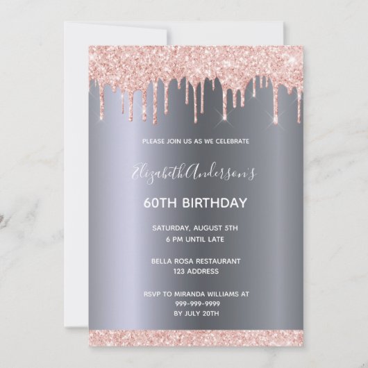 60th誕生日パーティーバラ金ゴールドグリッター銀ドリップス 招待状 (正面)