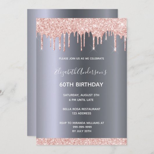 60th誕生日パーティーバラ金ゴールドグリッター銀ドリップス 招待状 (正面/裏面)