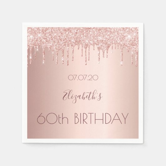 60th誕生日パーティーバラ金ゴールドグリッター60年 スタンダードカクテルナプキン (正面)