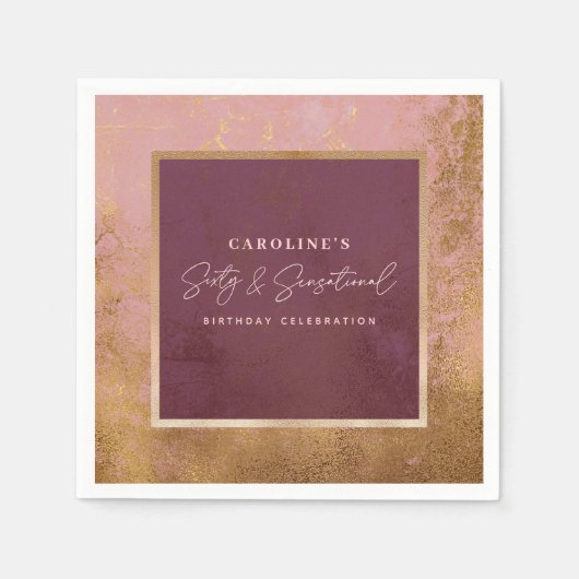 60th誕生日パーティーバラ金ゴールドスクリプト スタンダードカクテルナプキン (正面)