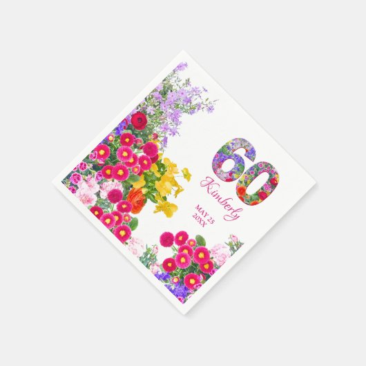 60th誕生日パーティーフローラ名と日付ナプキン スタンダードカクテルナプキン (角)