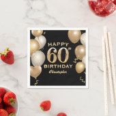60th誕生日パーティーブラック&金ゴールドバルーン スタンダードカクテルナプキン (インサイチュ)
