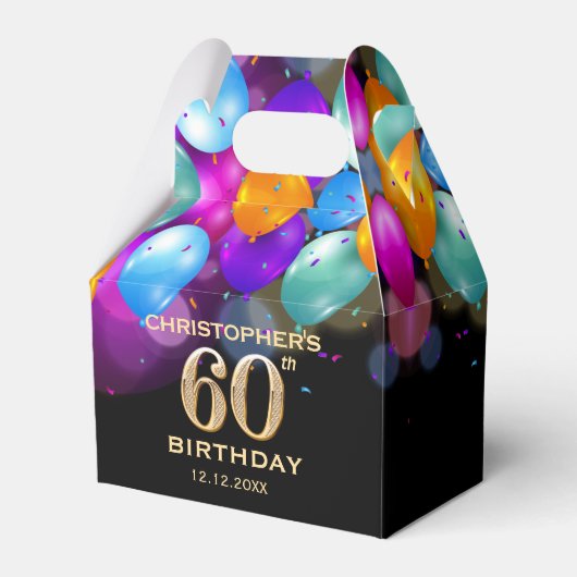 60th誕生日パーティーブラック&金ゴールドバルーン フェイバーボックス (正面サイド)