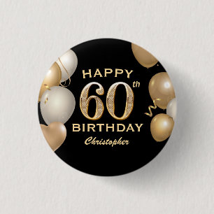 60th誕生日パーティーブラック&金ゴールドバルーン 缶バッジ