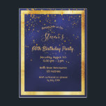60th誕生日パーティーブルー金ゴールド紙吹雪招待 ポストカード<br><div class="desc">フロント：トレンディー60歳モダンの誕生日パーティー招待カー男性へド。紺色の紺色。青い色が不均一だ。金ゴールドの枠フェイクと金の紙吹雪、金色の文字。テンプレートのパーティー情報。背面：白い背景。</div>