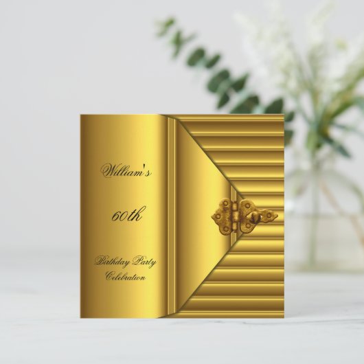 60th誕生日パーティーメンエレガントズイエロー金ゴールドマン 招待状 (スタンド正面)