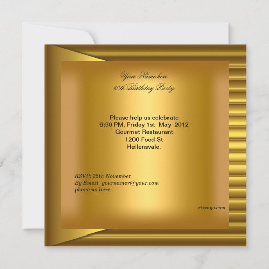 60th誕生日パーティーメンエレガントズイエロー金ゴールドマン 招待状 (裏面)