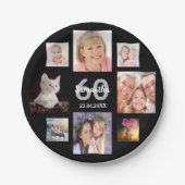 60th誕生日パーティー写真コラージュ女性ブラック ペーパープレート (正面)