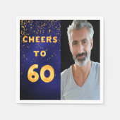 60th誕生日パーティー写真金ゴールドバルーン青 スタンダードカクテルナプキン (正面)