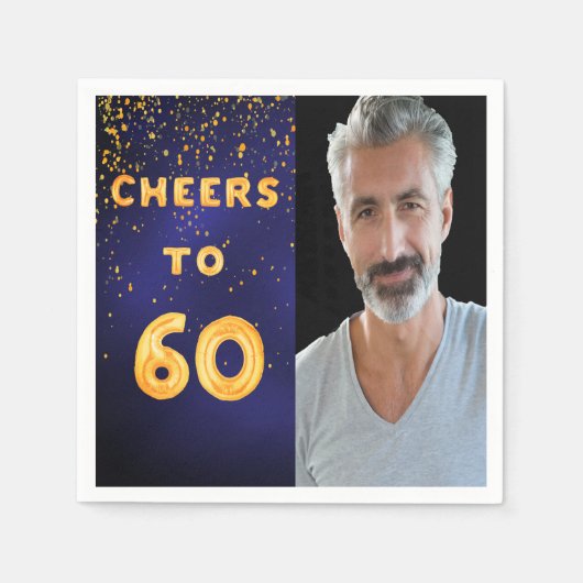 60th誕生日パーティー写真金ゴールドバルーン青 スタンダードカクテルナプキン (正面)