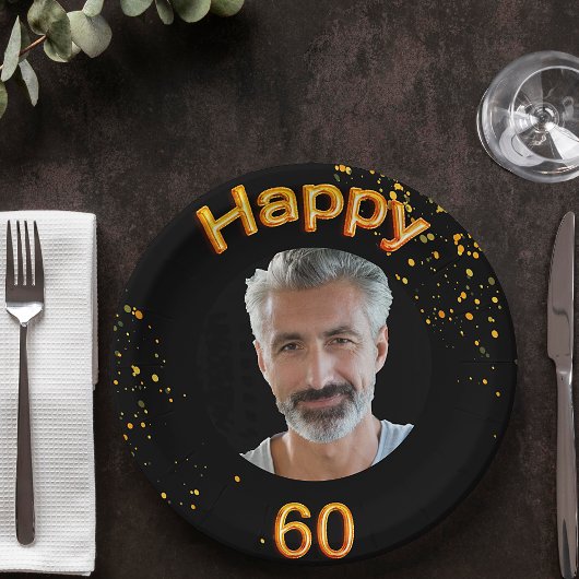 60th誕生日パーティー写真金ゴールドバルーン黒 ペーパープレート