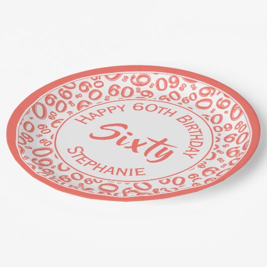 60th誕生日パーティー番号パターンコーラル/ホワイト ペーパープレート (アングル)