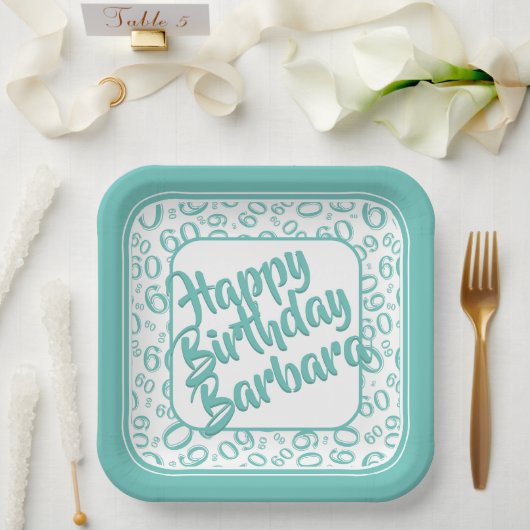 60th誕生日パーティー番号パターンティール(緑がかった色)白 ペーパープレート (ウェディング)