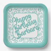 60th誕生日パーティー番号パターンティール(緑がかった色)白 ペーパープレート (正面)