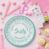 60th誕生日パーティー番号パターンティール(緑がかった色)/白 ペーパープレート (パーティー)